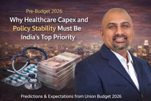 Portrait of Dr. Mohana Rao Patibandla with healthcare symbols and currency imagery, representing healthcare capital expenditure and policy stability expectations ahead of India’s Union Budget 2026.