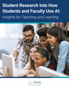 Cover of Student Research Into How Students and Faculty Use AI with title, photo of a group students looking at computer and every learner logo.