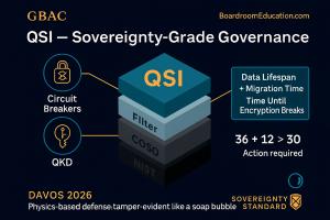 Visualization of the Mosca Metric showing the equation “Data Lifespan plus Migration Time greater than Threat Timeline,” with a risk gauge indicating insolvency when quantum decryption timelines outpace an organization’s ability to protect sensitive data.