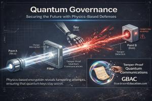 Infographic illustrating quantum physics–based security where any interception disrupts the signal, mapped to quantum governance and board oversight. The image explains how quantum tamper detection supports enterprise risk management and boardroom educati