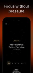 Focus without pressure: app homepage interface with a calm cosmic background and session picker