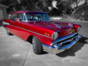 Candy Apple Red 1957 Chevrolet Bel Air Restomod Passenger Side View