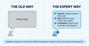 Split screen comparison of a basic prompt versus an expert engineered prompt.