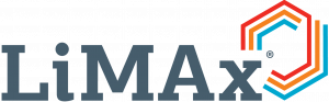 In this logo the text "LiMAx" is shown. On the right side the logo is accompanied by 3 hexagonal shapes in the colors blue, orange and red. The shape is reflecting the hepatocytes of the liver.