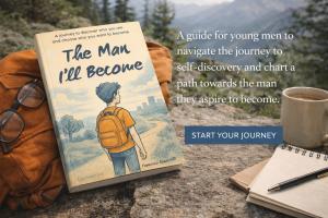 The book The Man I’ll Become resting on a backpack outdoors, showing an illustrated cover of a teenage boy with a backpack walking toward the horizon, symbolizing a journey of self-discovery and personal growth.