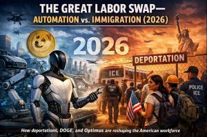 A horizontal illustration showing a divided American workforce: on the left, immigration enforcement detains migrants near a deportation bus and airplane under warm, tense lighting; in the center, stacked Dogecoin coins symbolize economic disruption; on t