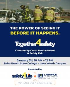 First responders participate in a live Community Crash Reenactment at Palm Beach State College to educate teens about safe driving.