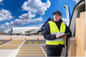 Shows Delivery Man at an open truck with an airplane in the background