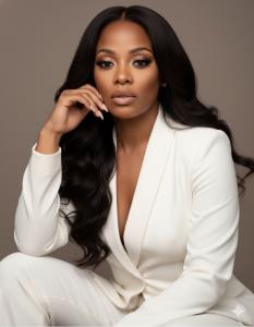 Adyna K. Pressley seated confidently in a white tailored suit, photographed as the award‑winning author of Rise Into You and founder of AKP Innovations and Queens Royale reflecting her leadership and reinvention journey.