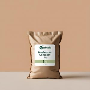 Product image showing a sealed 1 kg pack of Gachwala mushroom compost displayed against a plain background for cultivation use.