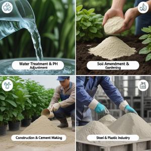 Infographic showing chuna or lime powder being used for water treatment and pH adjustment, soil amendment in gardening, construction and cement making, and steel and plastic industry applications.