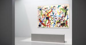 Large abstract painting by Ray Rogers featuring energetic multicolored gestures, installed on a gallery wall at Bushwick Gallery.