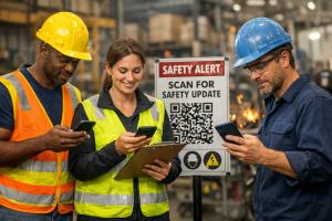 Frontline workers using smartphones and QR code signage to receive real-time workplace safety updates on an industrial job site