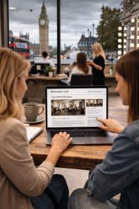 Two clients in a London hair salon view verified salon reviews on a laptop, illustrating how UK consumers use independent review platforms to make informed salon decisions.