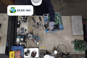 Worker dismantling a computer system