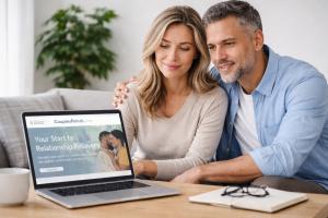 A couple sitting on a couch looking at a laptop displaying the CouplesRehab.com website, which offers relationship-centered recovery education.