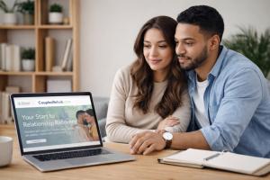 A young diverse couple sitting at a table viewing the CouplesRehab.com homepage on a laptop to learn about treatment pathways.