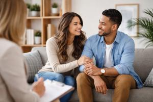 A couple sitting on a sofa during a session with a mental health professional, illustrating the in-person care options discussed on CouplesRehab.com.