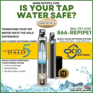 Promotional image asking “Is Your Tap Water Safe?” featuring a Repipe1 whole-house water filtration and softening system.