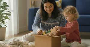 A mother and child playing with toys at home through Toycycle’s Resale Direct resale and inventory recovery service.