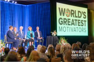 Paisley Demby, David Meltzer, Blaine Bartlett, Cynthia Kersey and John Assaraf on stage during the November 2019 taping of World's Greatest Motivators. 