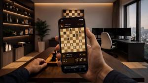 Player using a smartphone to play online chess instead of a physical chess board