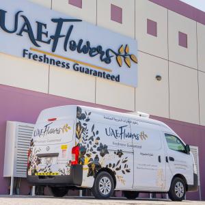 UAE Flowers branded delivery van used for Valentine’s Day flower delivery services in the UAE.