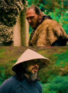 Marty Mummery portraying a Viking warrior alongside Richard Chan as a samurai warrior in The Ninth Master.