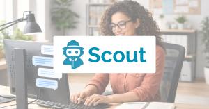 Scout logo over a woman using a computer, with chat message icons representing conversational, AI-powered reporting.