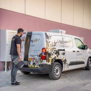 UAE Flowers delivery van outside the Dubai store, ready for Valentine’s Day flower delivery across the UAE.