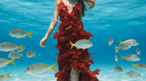 Woman walking in red gown under water, surrounded by tropical fish.