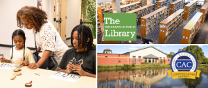 A collage featuring kids engaged in a library activity, shelves full of books, and an exterior view of the Indianapolis Public Library.