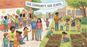Illustration of students and families participating together in a school community tradition.