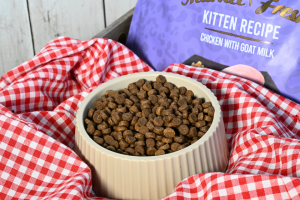 Closeup of new Fussie Cat Super Premium Market Fresh Dry Kitten Recipe kibble