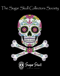 a black background with a sugar skull and crossbones logo and the words The Sugar Skull Collectors Society