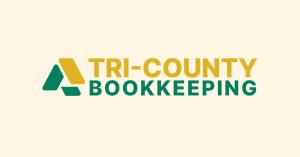 Logo for Tri-County Bookkeeping featuring a geometric icon of overlapping green and gold parallelograms forming a triangular shape, alongside the company name in bold sans-serif type with "Tri-County" in gold and "Bookkeeping" in green, set against a crea