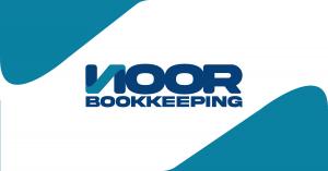 Logo for Noor Bookkeeping featuring "NOOR" in bold dark navy sans-serif type with a stylized "N" incorporating a diagonal checkmark element, and "BOOKKEEPING" in matching navy below. Teal organic curved shapes frame the top-left and bottom-right corners a