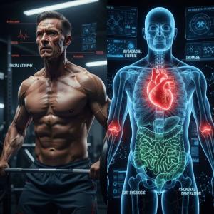 Athlete performing high-intensity gym workout, representing research on gym face, cortisol levels, collagen changes, and systemic effects of intense training. mytsv.com