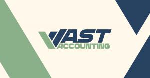 Logo for Vast Accounting featuring "VAST" in bold dark navy italicized sans-serif type with a stylized green checkmark forming the "V," and "ACCOUNTING" in green capital letters below. Large chevron shapes in sage green and navy blue frame the left and ri