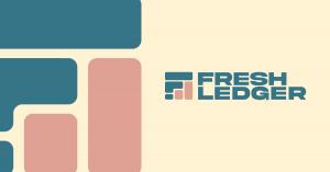 Logo for Fresh Ledger featuring a square icon composed of rounded rectangular blocks in teal and dusty rose arranged to suggest a bar chart, alongside "FRESH LEDGER" in bold teal sans-serif type stacked on two lines. Abstract rounded rectangular shapes in