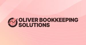 Logo for Oliver Bookkeeping Solutions featuring a circular icon with a stylized "O" containing a bar chart and upward arrow in dark brown and pink, alongside the company name in bold dark brown sans-serif type on two lines. The background displays soft pi