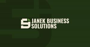 Logo for Janek Business Solutions featuring a stylized "J" icon in cream with a lime green accent forming an abstract shape, alongside "JANEK BUSINESS SOLUTIONS" in bold cream sans-serif type on two lines. A large, faded version of the icon appears in the