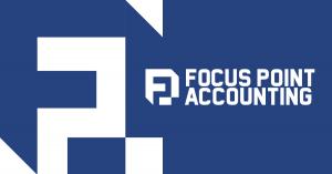 Logo for Focus Point Accounting featuring a geometric white "FP" monogram icon with angular, blocky letterforms, alongside "FOCUS POINT ACCOUNTING" in bold white sans-serif type stacked on two lines. A larger version of the monogram appears on the left si