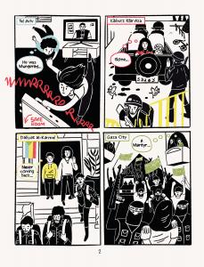 A page from the graphic novel, Echoes of October by Ami Adan, showing action in different locations during the war's outbreak