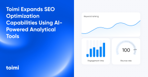 Graphic showing SEO analytics and performance indicators as part of Toimi’s AI-assisted search optimization process.