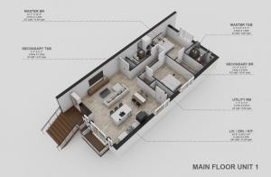 3D floor plan rendering of a 1,000 square foot two-bedroom two-bathroom rental unit in Collingwood Ontario