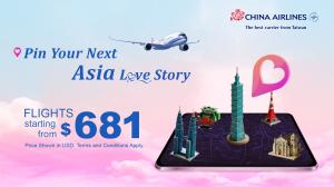 Promotional banner for China Airlines featuring the message “Pin Your Next Asia Love Story,” an airplane in flight, and a smartphone map displaying Asia landmarks, with text noting flights starting from $681.
