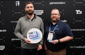 Tim Butler (Director of Product Development at CODi, on the right) and Graham Cleveland (Chief Operating Officer at CODi, on the left) holding the TechRadar Pro Picks award at CES