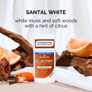 Zion Health CLAYDRY™ Whole Body Deodorant Cream – Santal White, an aluminum-free, pheromone-infused deodorant cream displayed with wood and citrus elements.