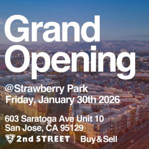 Promotional graphic with an aerial view of San Jose and surrounding hills in the background. Large white text reads ‘Grand Opening.’ Smaller text says ‘@ Strawberry Park, Friday, January 30th 2026.’ Address listed as ‘603 Saratoga Ave Unit 10, San Jose, C